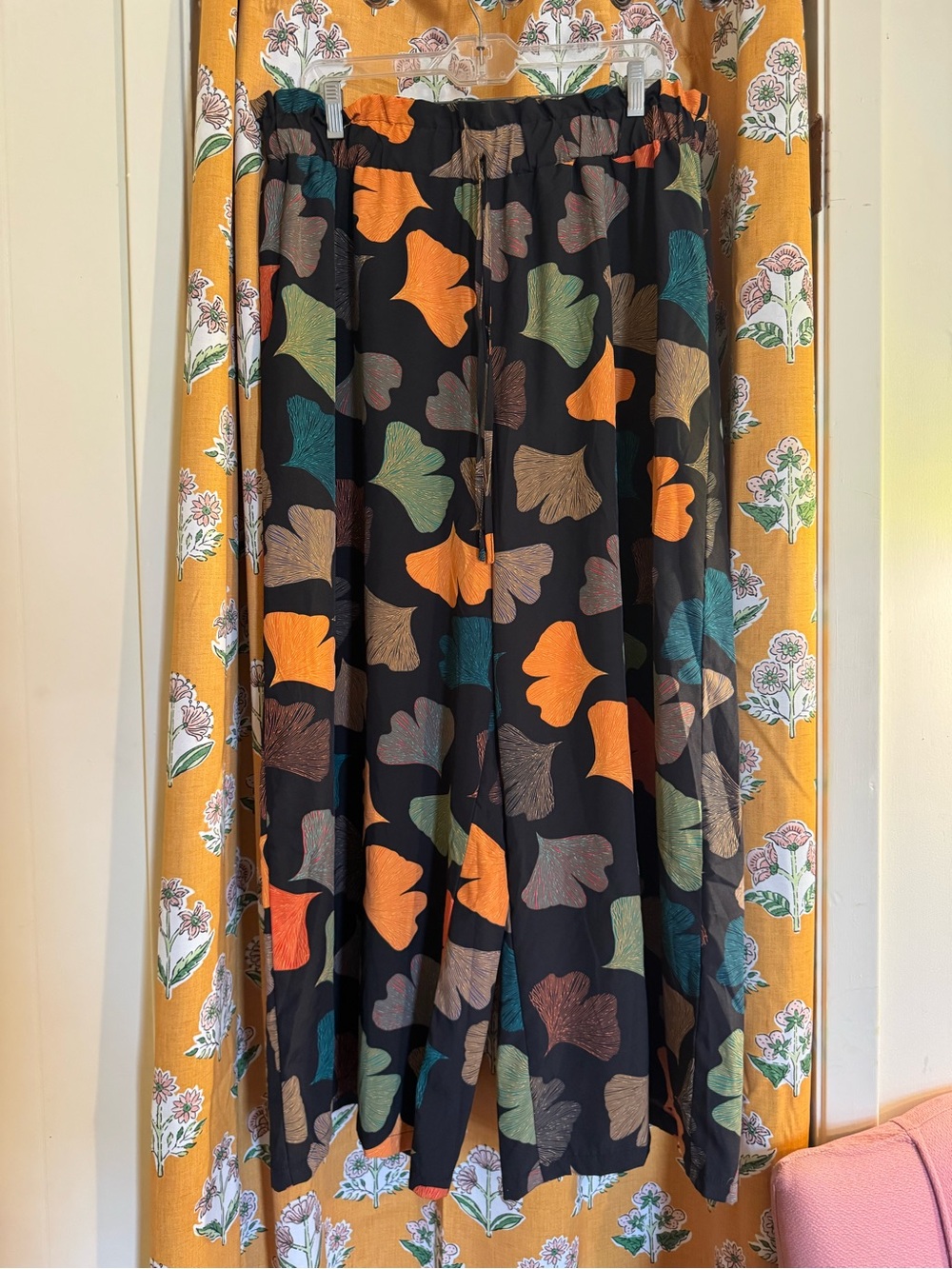 SHEIN Black Wide-Leg Pants with Orange, Teal & Brown Ginkgo Print